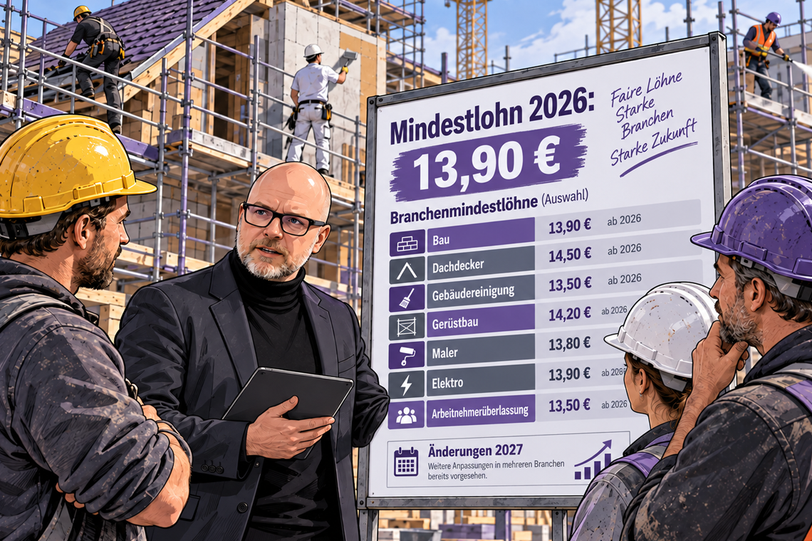 Comic-Illustration eines Sachverständigen, der Bauarbeiter:innen auf einer Baustelle über den gesetzlichen Mindestlohn und Branchenmindestlöhne informiert.