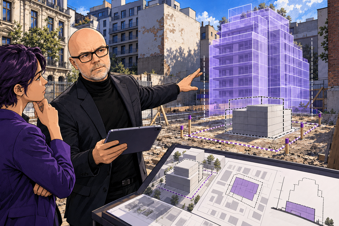 Comic-Illustration eines Sachverständigen, der mit einer Fachperson eine holografische Computersimulation und die tatsächliche Bebauung eines Grundstücks vergleicht.