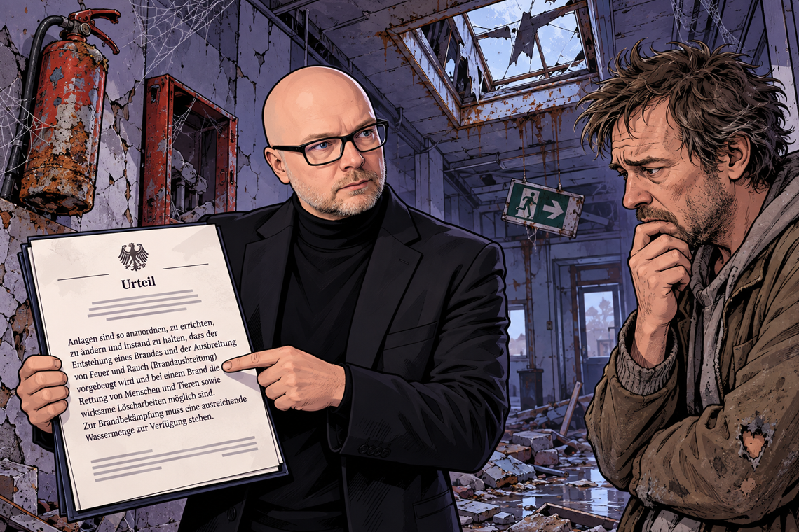 Comic-Illustration eines Sachverständigen, der einen Hauseigentümer in einem verfallenen Gebäude auf Brandschutzmängel hinweist.