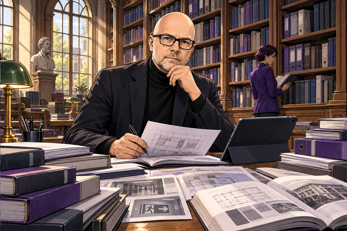 Comic-Illustration eines Sachverständigen bei der Auswertung von Fachliteratur, Bauplänen und Brandschutzunterlagen in einer historischen Hochschulbibliothek.