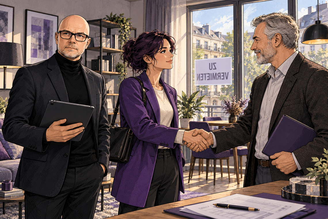 Comic-Illustration einer Wohnungsbesichtigung mit Sachverständigem, neuer Mieterin und Vermieter beim Handschlag in einer möblierten Wohnung.