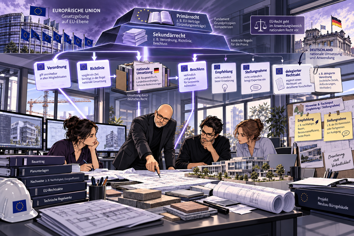 Comic-Illustration eines Sachverständigen, der in einem Architekturbüro die Anwendung europäischer Rechtsakte auf ein Bauprojekt erklärt.