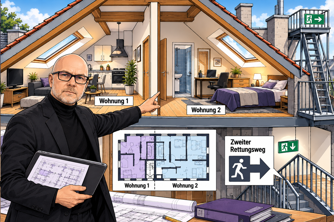 Comic-Illustration eines Sachverständigen vor dem Gebäudeschnitt einer in zwei Wohneinheiten aufgeteilten Dachgeschosswohnung mit Rettungswegen.