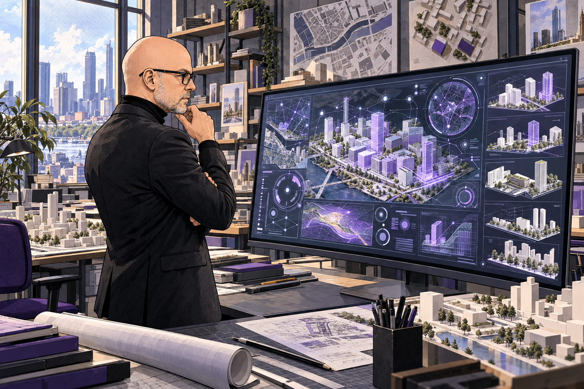 Comic-Illustration eines Sachverständigen im Stadtplanungsbüro vor einem großen Monitor mit KI-gestützter Stadtanalyse, Architekturmodellen und Planunterlagen.
