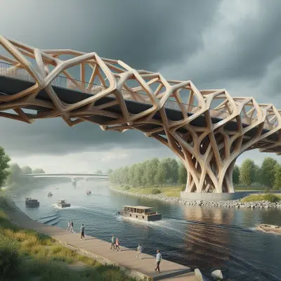 AI-generierter Entwurf für eine Straßenbrücke aus Holz und Stahl über den Rhein