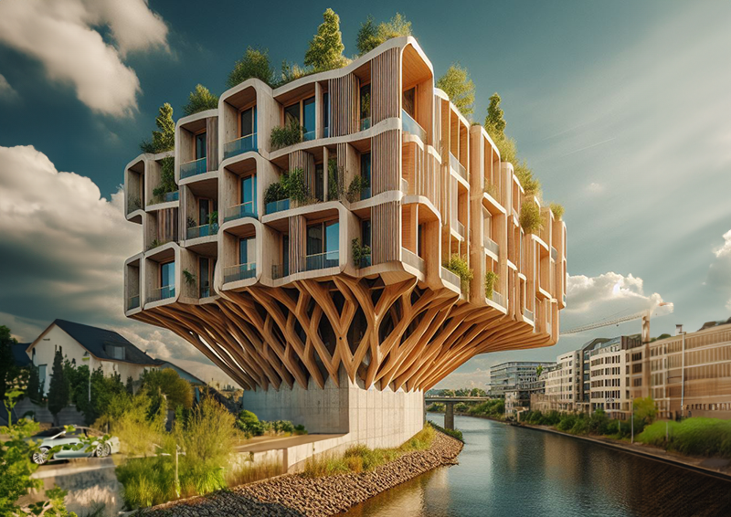 AI-generierter Entwurf für ein Baumhaus am Rheinufer