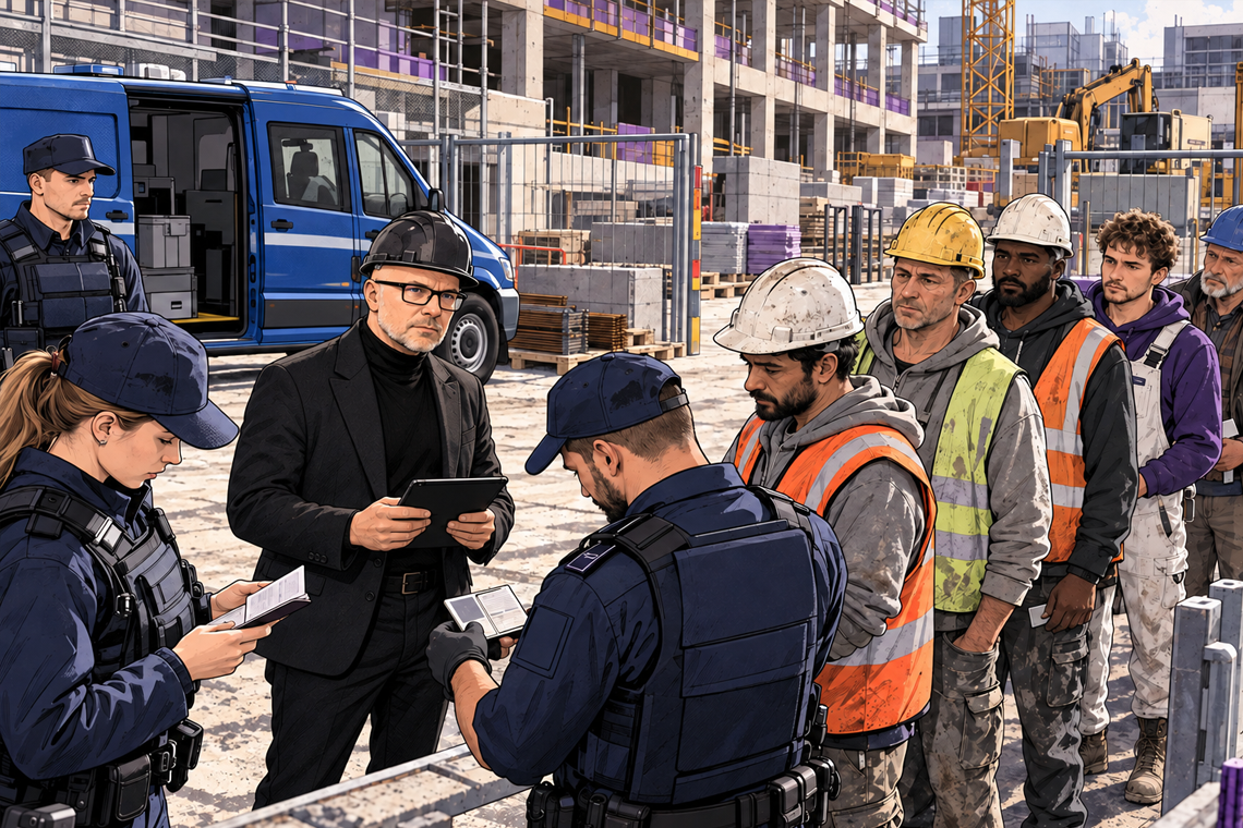 Comic-Illustration einer Zollkontrolle auf einer Baustelle mit Sachverständigem in schwarzem Schutzhelm und Sakko sowie Handwerkern bei der Ausweiskontrolle.