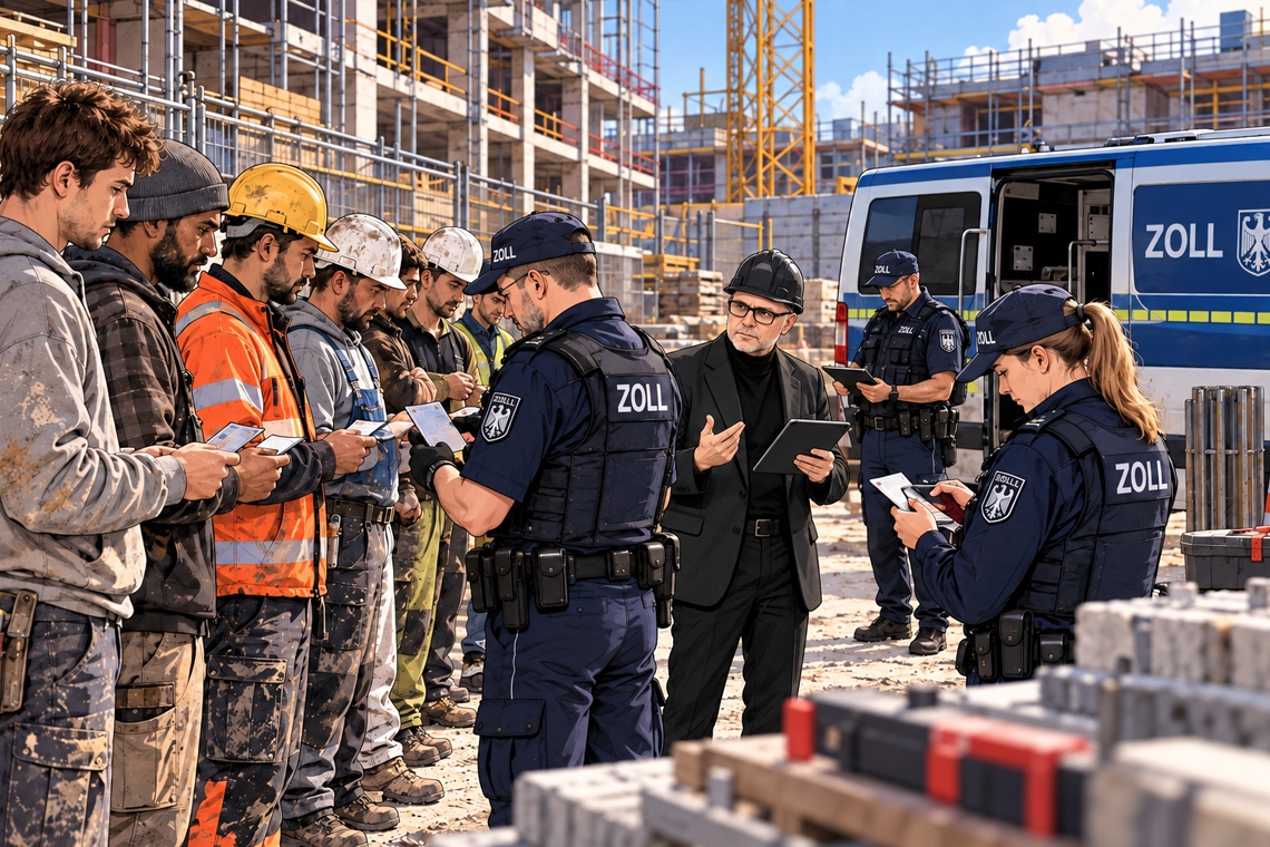 Comic-Illustration einer Zollkontrolle auf einer Baustelle mit Sachverständigem in schwarzem Schutzhelm und Sakko sowie Handwerkern bei der Ausweiskontrolle.