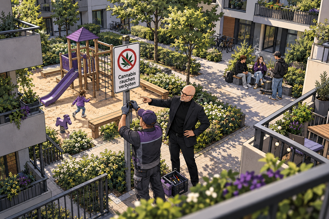 Comic-Illustration eines Innenhofs mit Spielplatz, Cannabis-Verbotsschild, Sachverständigem, Handwerker und Jugendlichen.