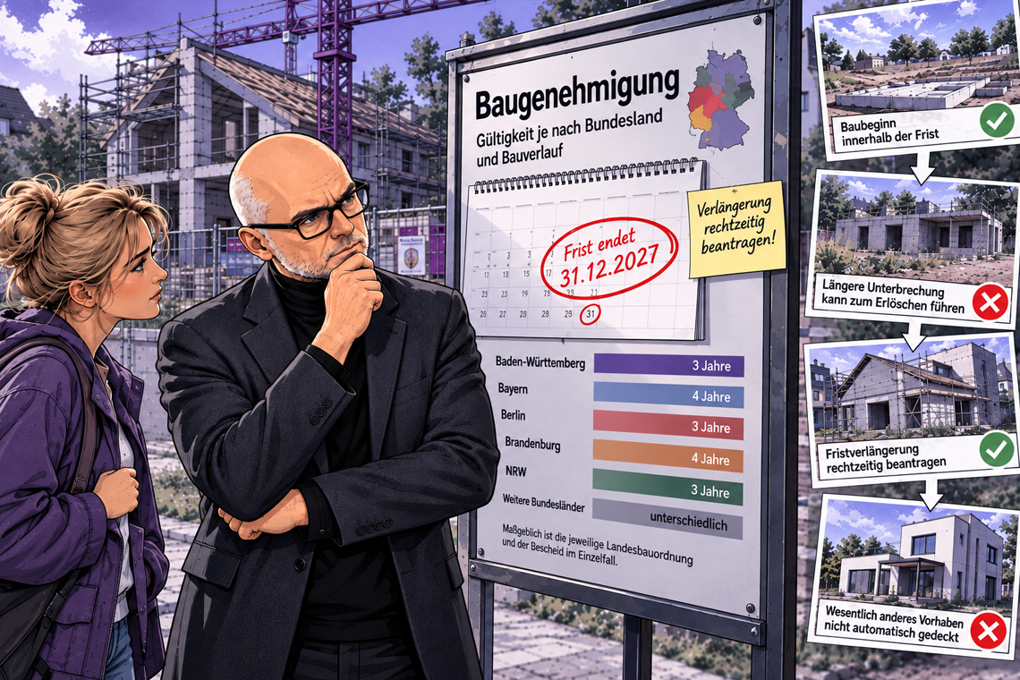 Comic-Illustration zur Geltungsdauer von Baugenehmigungen mit Sachverständigem, Fristenkalender und Rohbau auf einer Baustelle.