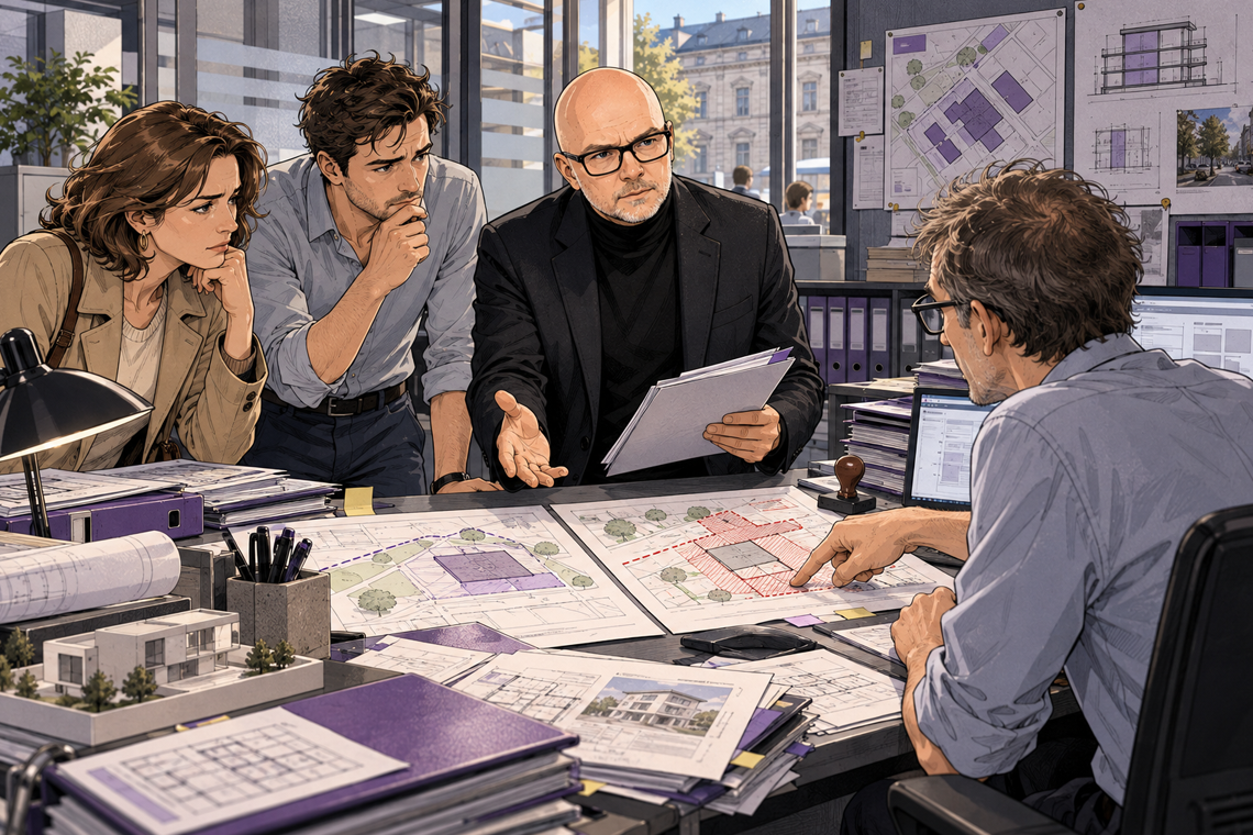 Comic-Illustration einer Besprechung im Bauordnungsamt zu baurechtlichen Abweichungen mit Sachverständigem und Bauherrschaft.