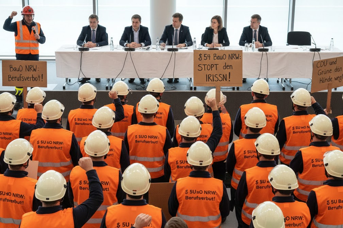 Protest gegen Berufsverbot durch neue Landesbauordnung 2026 in NRW.