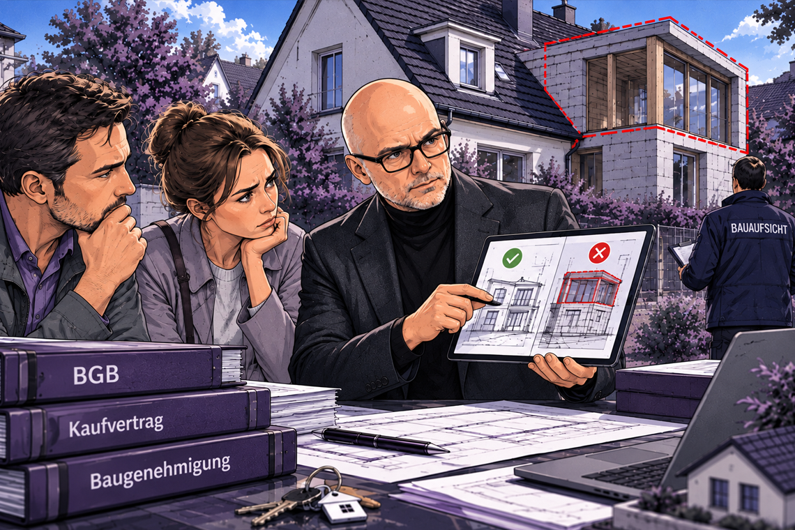Comic-Illustration zum Schwarzbau beim Immobilienkauf: Sachverständiger erläutert Kaufinteressierten einen nicht genehmigten Anbau.