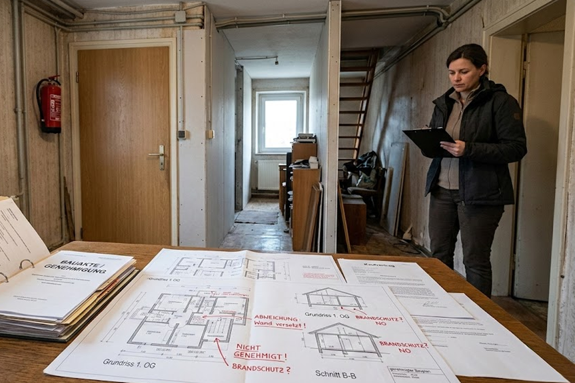 Detailaufnahme einer Immobilienprüfung mit Bauakten, Plänen und Sachverständiger in einer Altbauwohnung.