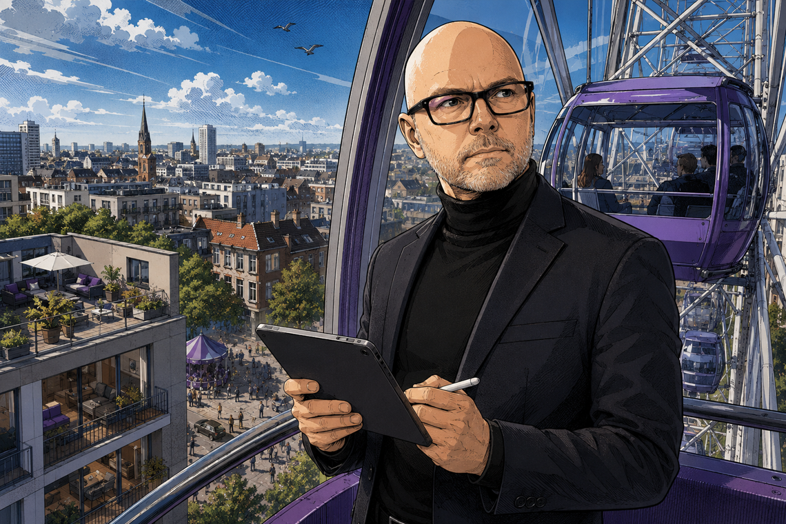 Comicartige Fachperson bewertet Abstandsflächen eines Riesenrads neben Wohnbebauung anhand digitaler Planunterlagen.