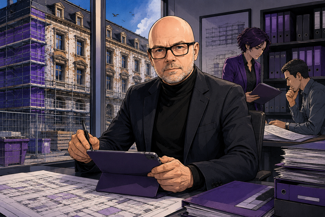 Comicartige Fachperson prüft Bauakten zur Grenze zwischen Sachverständigentätigkeit und Rechtsdienstleistung.