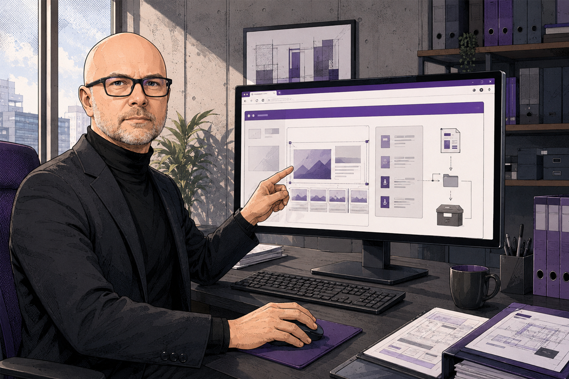 Comicartige Fachperson arbeitet im Büro an einer Browser-Erweiterung zur Webdokumentation auf einem Monitor.