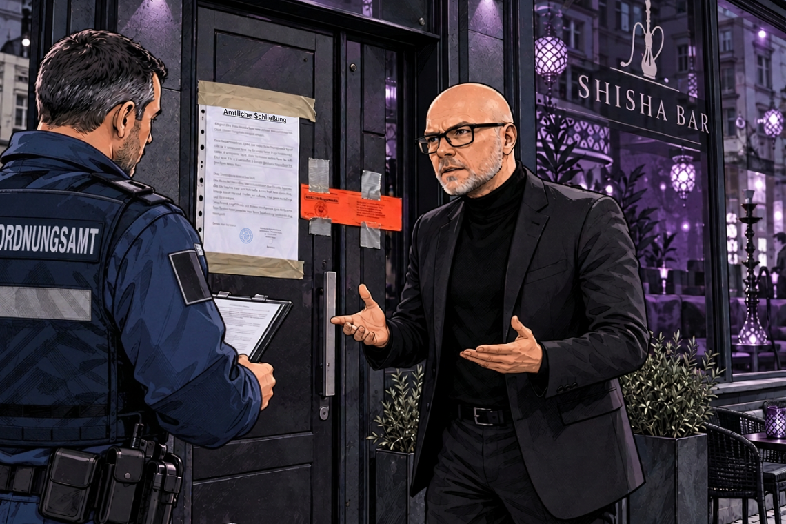 Comic-Illustration einer amtlich versiegelten Shisha-Bar mit Schließungsverfügung an der Eingangstür und Diskussion zwischen Sachverständigem und Ordnungsamt.