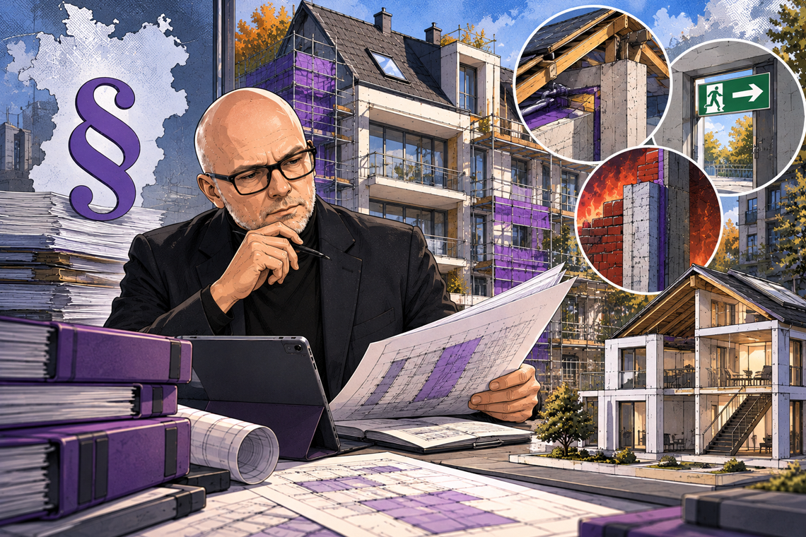 Comic-Illustration zur Novelle der Landesbauordnung NRW 2026 mit Fachperson, Bauplänen, Wohngebäude, Brandwänden und Rettungswegen.